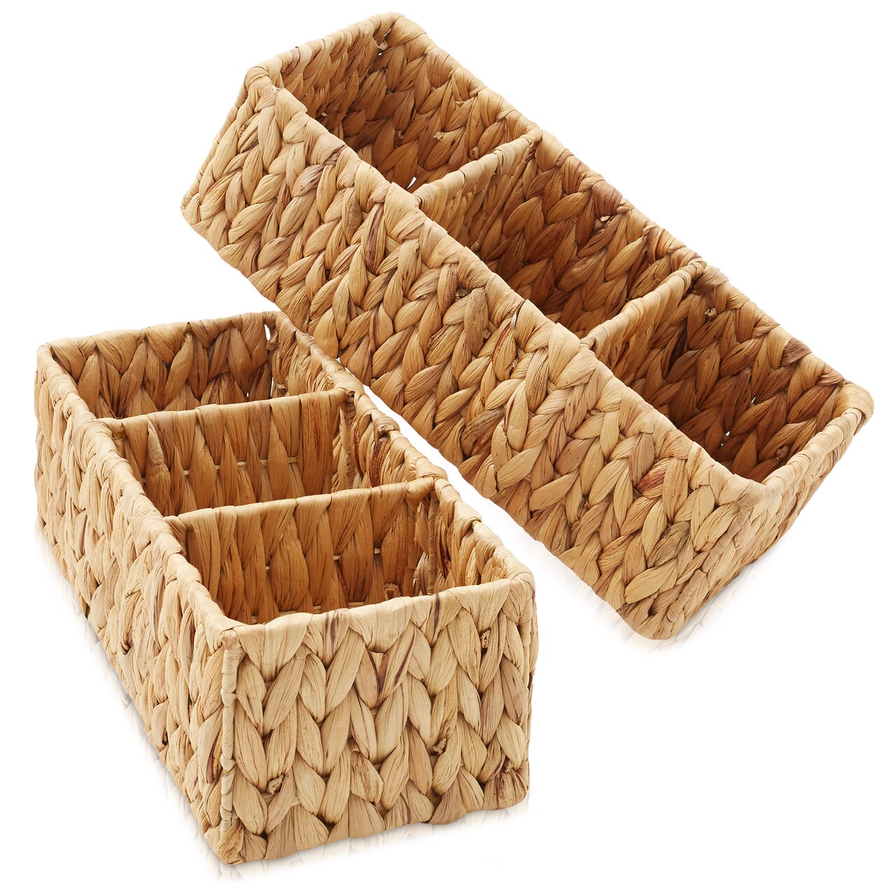 Casafield Set of 2 Water Hyacinth Divided Basket Organizers - Woven Bins for Bathroom, Bedroom, Laundry, Pantry, Shelves